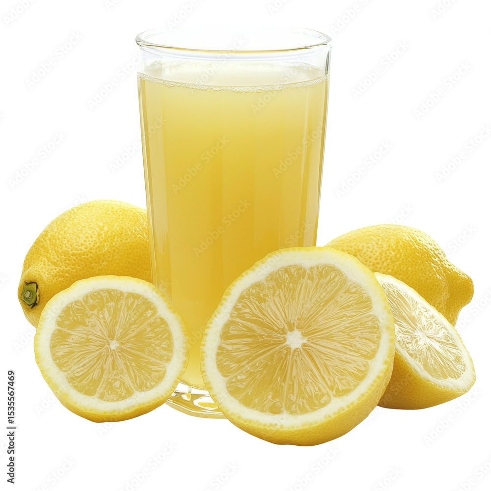 Poster fresh lemon juice in glass with whole and sliced lemons, showcasing vibrant yellow color and refresh