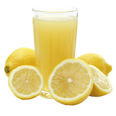 Fresh lemon juice in glass with whole and sliced lemons, showcasing vibrant yellow color and refreshing appeal. Perfect for summer drinks and culinary uses