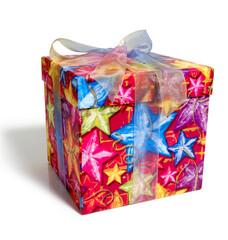 Multi color wrapped gift box with ribbon.