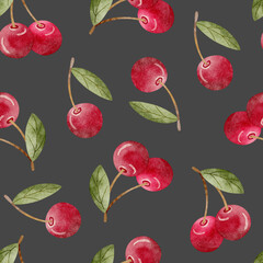 Pattern watercolor illustration of cherry berries with green leaves dots red hand drawn. Seamless print on dark gray background for textile design, fabric, packaging, clothes, postcard, packaging