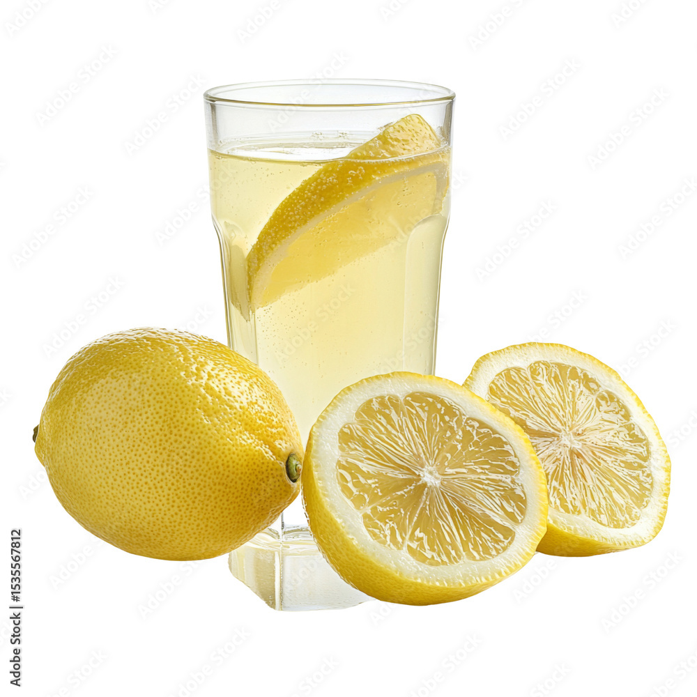 Poster refreshing lemon drink with whole and sliced lemons, perfect for summer. enjoy zesty flavor and vibr