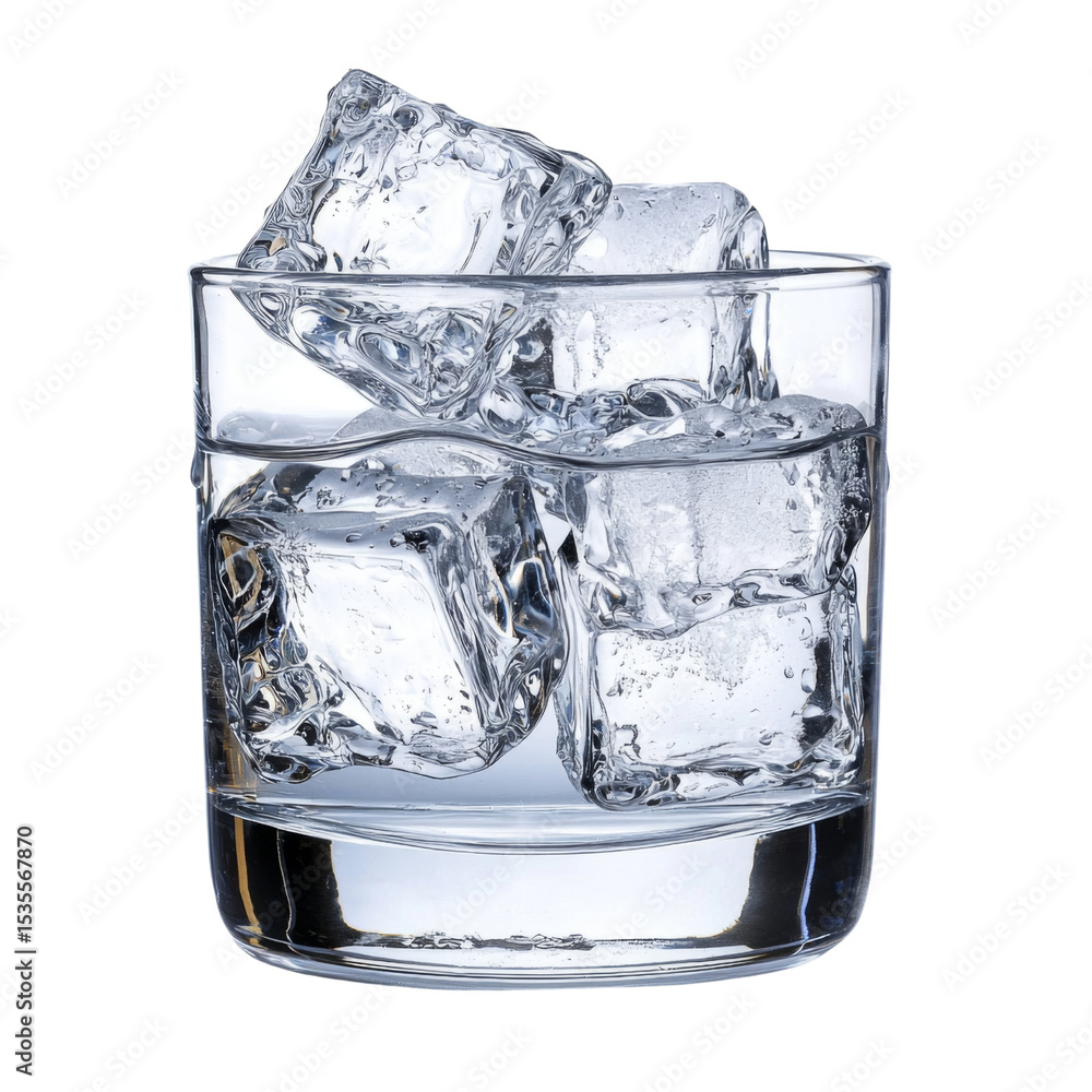 Poster clear glass filled with ice cubes and water, showcasing refreshing drink. ice cubes glisten, creatin