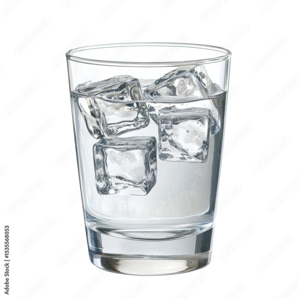 Poster glass filled with clear water and ice cubes, creating refreshing look. ice cubes float in water, reflecting light beautifully, perfect for cool drink