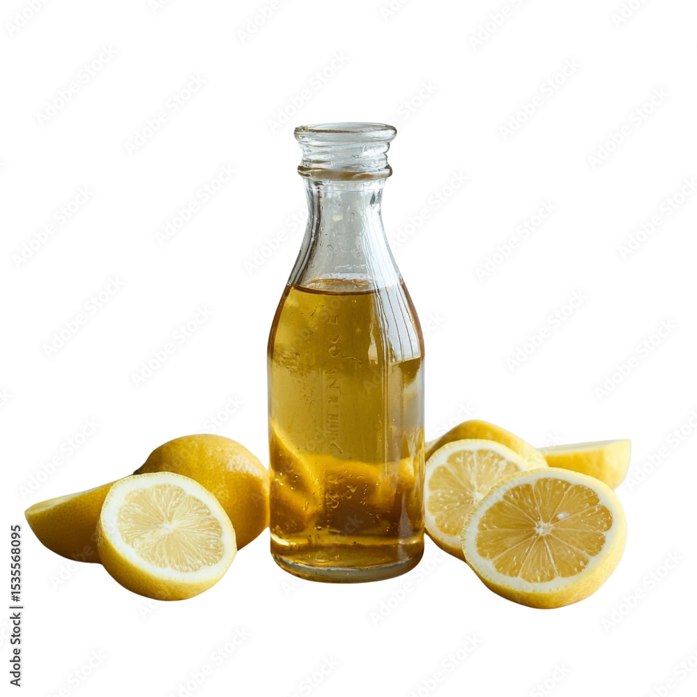 Poster fresh lemon slices and glass bottle of lemon juice create vibrant and refreshing scene, perfect for 