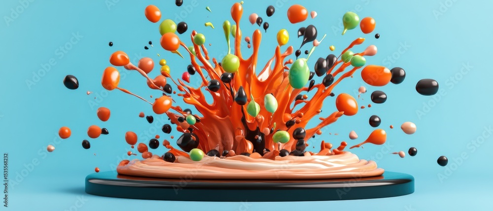Poster abstract colorful paint splash explosion on blue background with dynamic motion and vibrant splatter