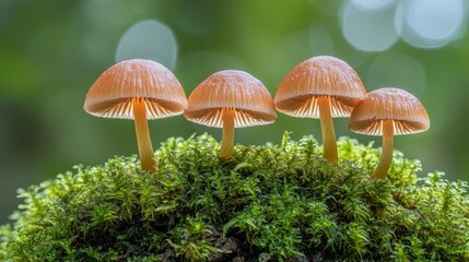 Fototapeta premium Four small, light-orange mushrooms atop a bed of moss, with a soft, out-of-focus green forest background