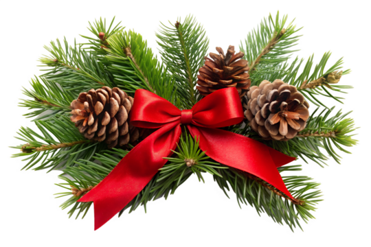 Simple dark green pine branch swag with red velvet ribbon and pinecones