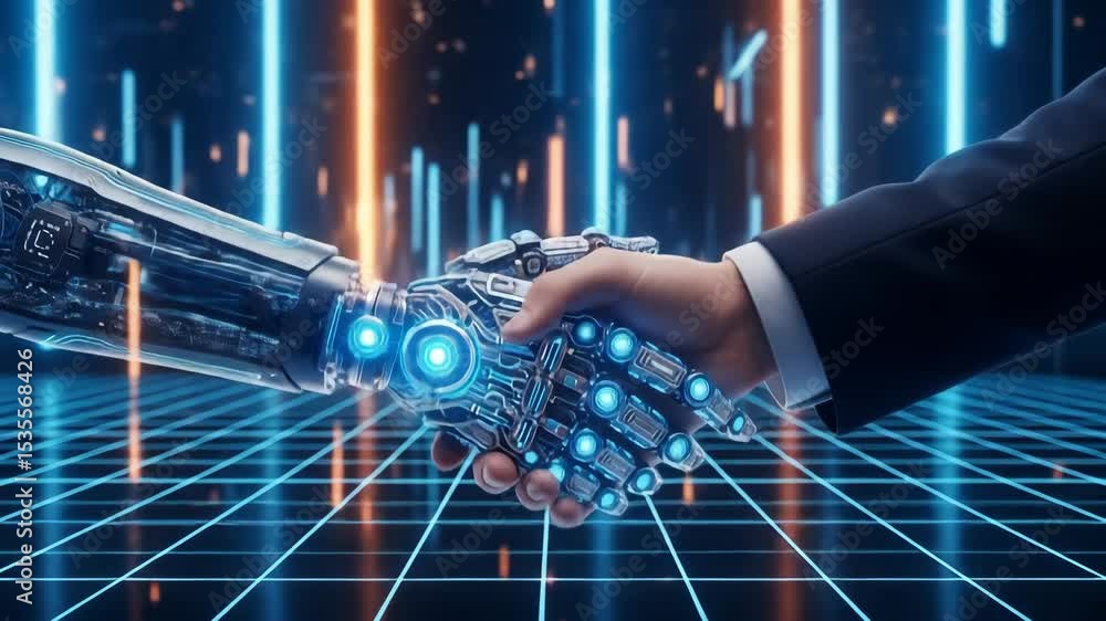 Poster a robot and a man interact on a digital grid with glowing lines, representing artificial intelligenc