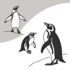 Obraz premium Penguin Family Illustration in Classic Black and White Style
