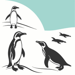 Illustration of penguin silhouettes depicting various poses on a white background with blue