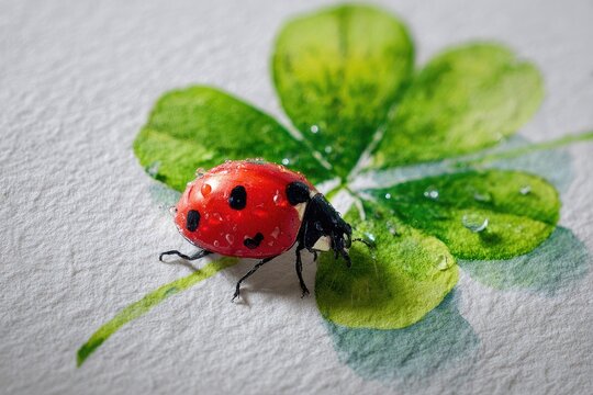 Watercolor macro of a ladybug on a clover, fresh and vibrant