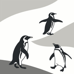 Naklejka premium Minimalist vector illustration of three penguins in black and white on a simple background