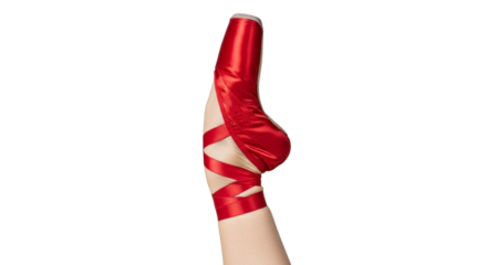 Ballerina feet in red pointe shoes on transparent background