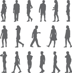 Collection of Gray Human Silhouettes Various Poses Standing Walking Men Women Different Views Simple Graphic Design Elements