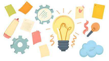 Brainstorming Ideas with Lightbulb Gears and Notes Illustration Concept