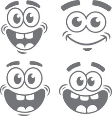 Four Gray Cartoon Face Silhouettes with Varying Expressions Big Eyes Wide Smiles and Happy Moods Simple Vector Illustrations