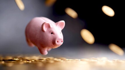 A cheerful pink piggy bank leaps over a pile of shiny gold coins. This lively scene symbolizes savings, wealth, and prosperity. A modern and playful style perfect for financial themes. AI