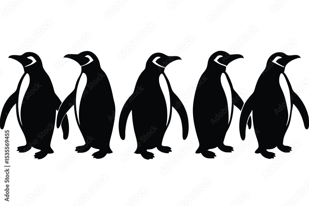 Poster Silhouette of five penguins in a row facing left on a clean white background