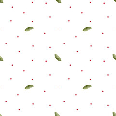 Pattern dots red, pink watercolor illustration green leaves cherry hand drawn in children's style. Seamless print on isolated background for design textiles, fabrics, packaging, clothes, postcard