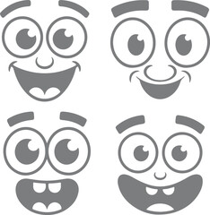 Fototapeta premium Four Grey Cartoon Faces with Big Eyes Smiling Expressions Happy Cheerful Silhouettes Vector Illustration Set