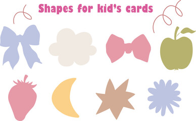 Vector shapes for decor kids cards. Hand drawn silhouette of ribbon bow, cloud, apple, strawberry, moon, star, flower, daisy. Trendy childish frames