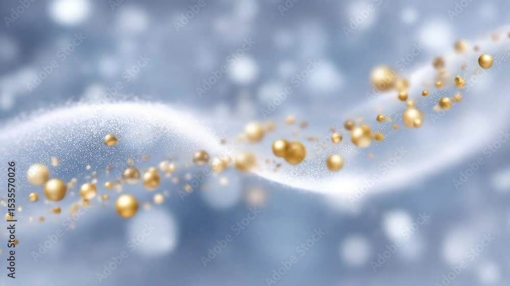 Poster flowing white particle wave with golden spheres. abstract modern luxurious pattern. gold dust stream