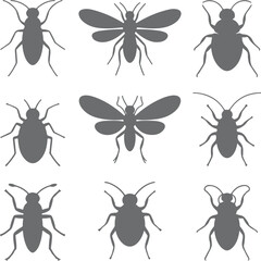 Nine Gray Insect Silhouettes Collection Diverse Beetle Bug Ant Graphic Design Elements