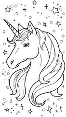 Cartoon Unicorn with Rainbow Mane and Stars in Black Outline