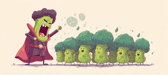 Cartoon Villainous Broccoli Boss with Gravy Cape and Pea Army