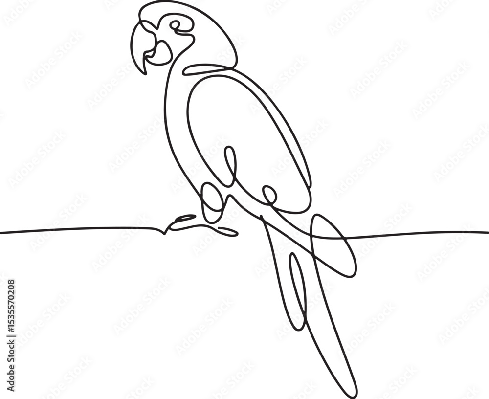 Poster continuous line drawing of a parrot perched in side profile with long tail and curved beak on white 