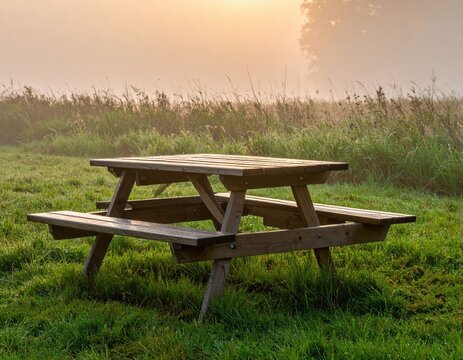 Rustic Wooden Picnic Table In A Misty Morning Meadow - Powered by Adobe
