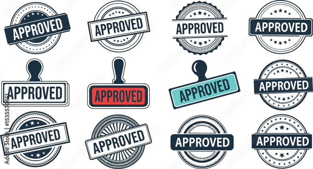 Poster a collection of twelve vector images of approved stamps with different designs and color variations
