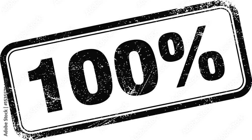 Poster a black and white image displaying a hundred percent symbol in a distressed rectangular stamp design