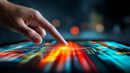 Human finger interacts with a digital touchscreen displaying colorful data and graphics