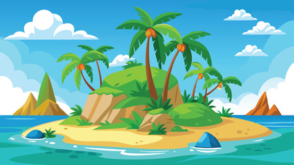 Cartoon Tropical Island Paradise with Palm Trees, Sandy Beach, Mountains, and Azure Sea © Brojendra