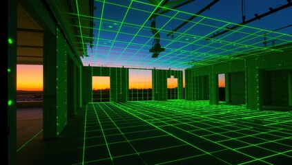 High-tech construction site with green grid lines against sunset  