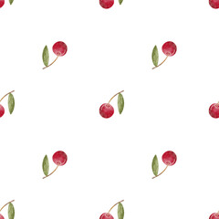 Pattern children's berries cherries green leaves watercolor illustration fruit hand drawn. Seamless simple minimalistic print on isolated background for design textiles, fabrics, clothes, postcard
