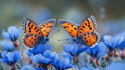 Obraz premium Two butterflies on vibrant blue flowers