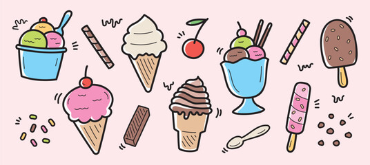 cute ice cream hand drawn graphic element vector set