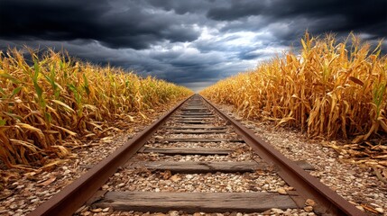 Fototapeta premium Railroad tracks run through a golden cornfield under a dark, stormy sky