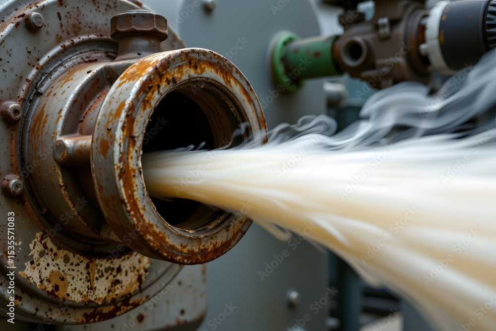 Poster industrial process: a close-up captures the heart of industry, with a stream of material gushing for