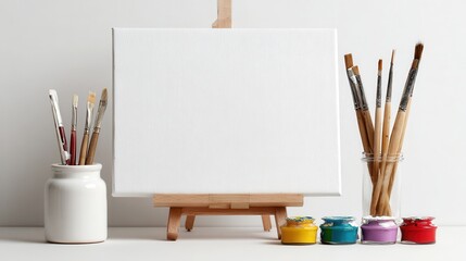 Premium photo of blank canvas is accompanied by paint and brushes, ready for a burst of artistic creativity.