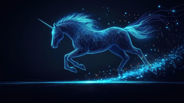 Glowing neon wireframe unicorn running through dark blue background  