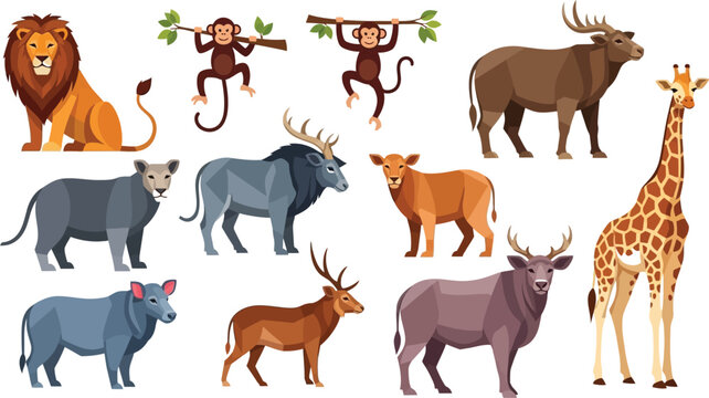 A collection of various cartoon animals including lions monkeys giraffes and different types of antelopes