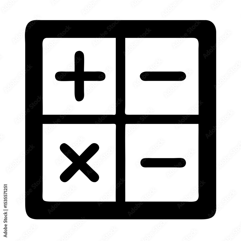 Poster outline calculator icon featuring basic arithmetic symbols in a square format
