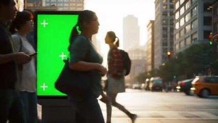Large green screen billboard in a busy city street. Ideal for digital signage advertising, marketing campaigns, or adding custom messages. - Powered by Adobe