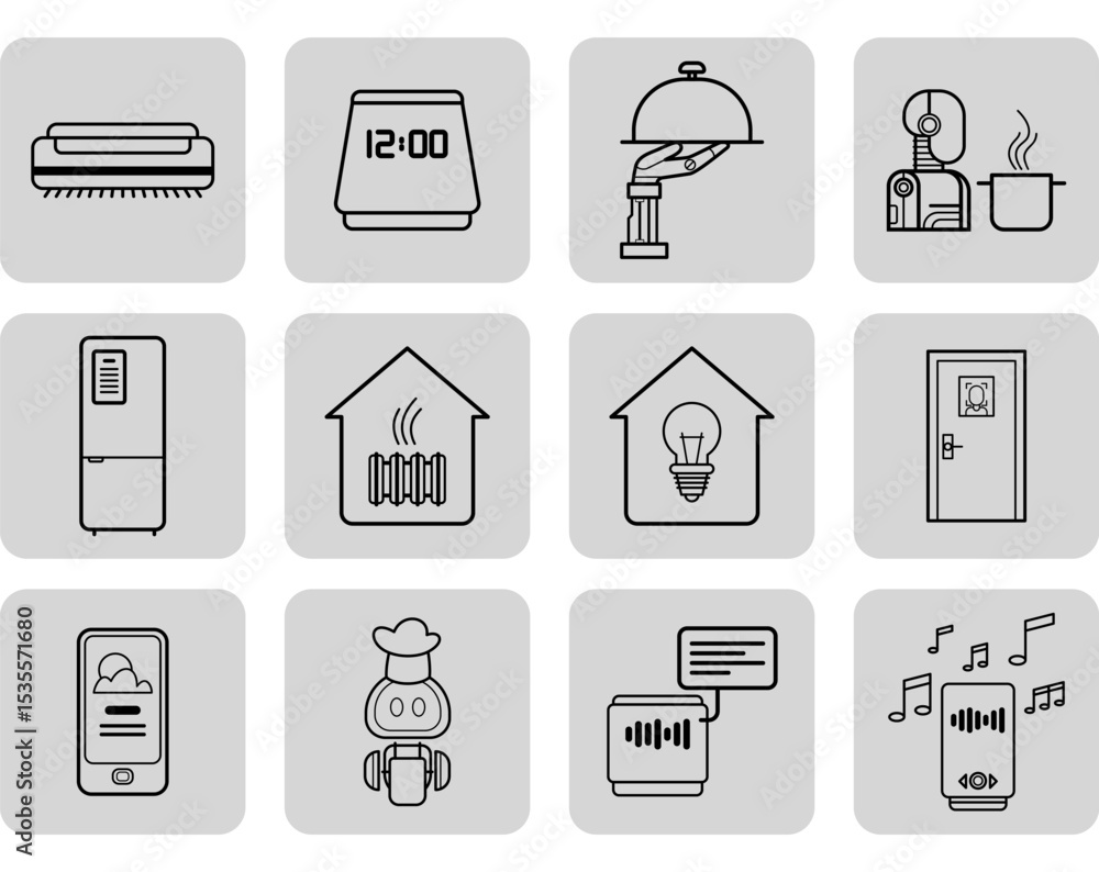 Poster collection of line icons representing various home appliances and smart devices, including digital c
