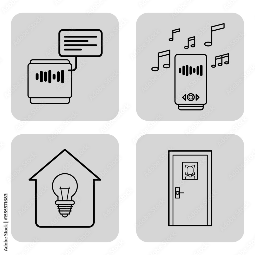 Poster collection of line icons depicting digital communication such messaging and music, along with smart 