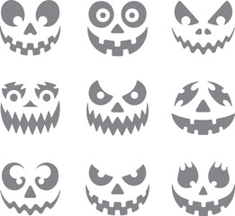 Nine Grey Halloween Jack O Lantern Face Silhouette Designs Various Expressions Spooky Festive