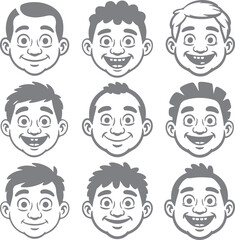 Nine Grey Silhouette Cartoon Boy Faces Smiling Expressions Various Hairstyles Headshots Set